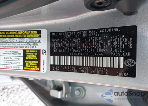 2022 Toyota Camry Night Shade/Se from USA, damaged, VIN 4T1S31AK8NU584746